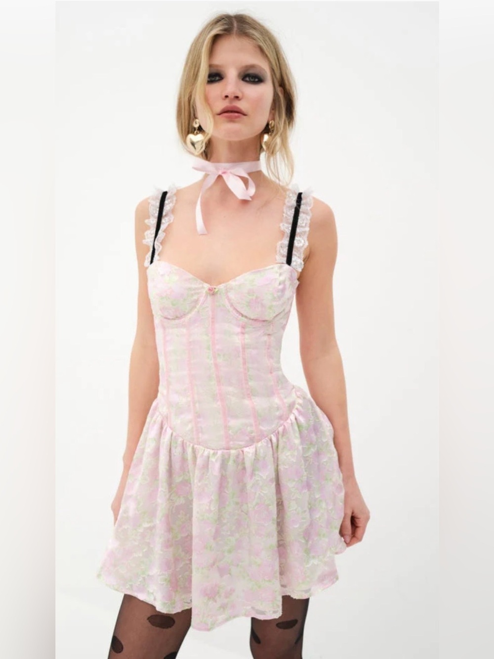 For Love & Lemons Pastel Pink Floral Corset Dress with Lace Straps